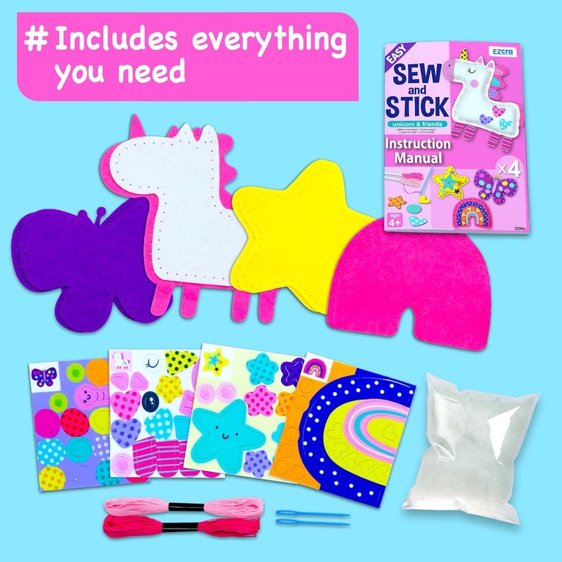 EZCRA Easy Arts and Crafts for Kids - No Mess Sewing Kit for Kids - 4 Easy to Do Unicorn Sewing Projects - Fun Felt Stickers - Tools with Instruction - Gifts for Girls Age 4,5,6,7,8 - Image 3